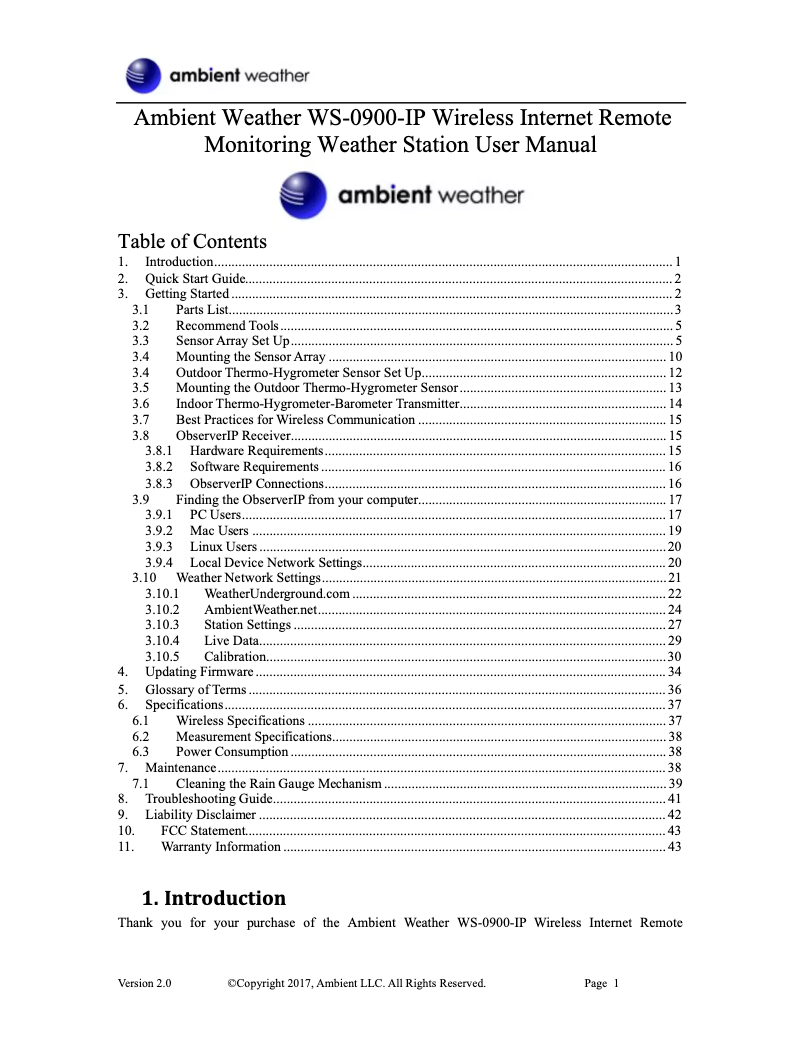 Page 1 de la notice Manuel utilisateur Ambient Weather WS-0900-IP