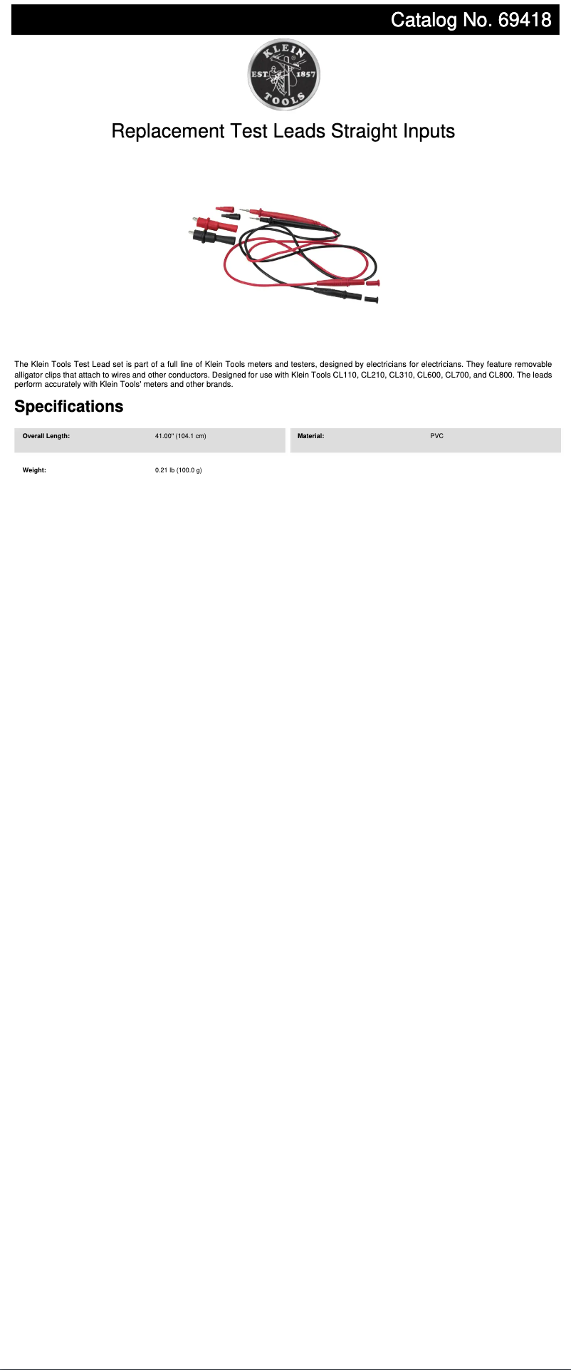 Page 1 de la notice Fiche technique Klein Tools 69418