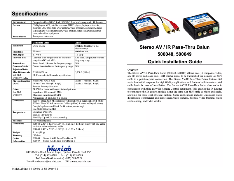 Page 1 of the manual User Manual MuxLab AV/IR Pass-Thru Balun