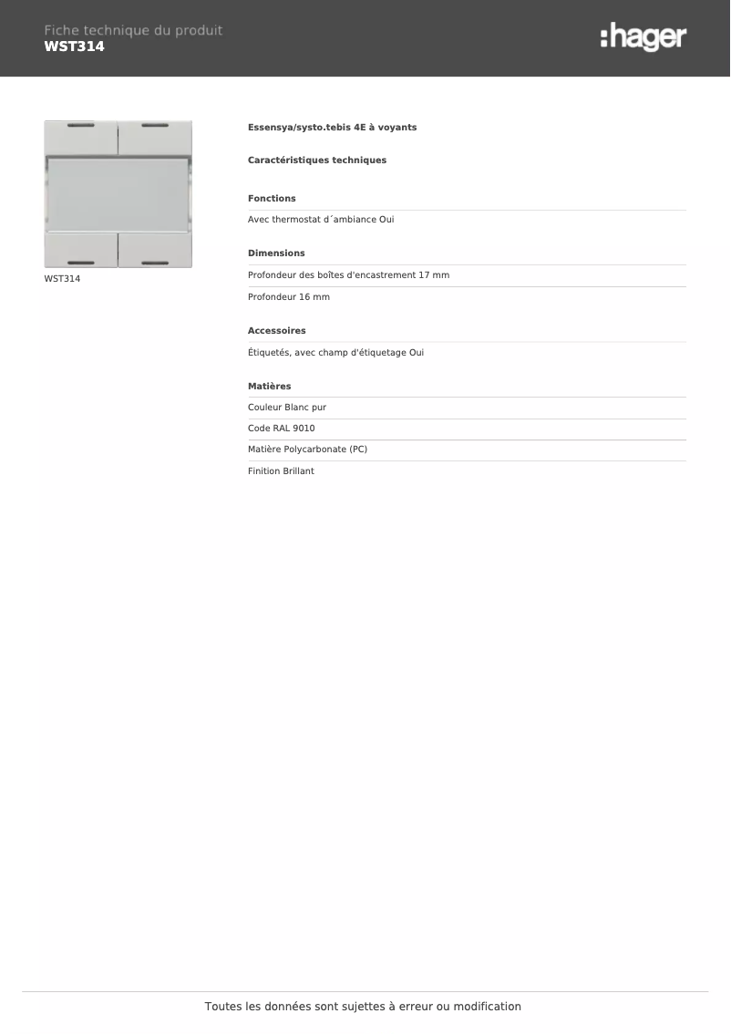 Page 1 de la notice Fiche technique Hager WST314