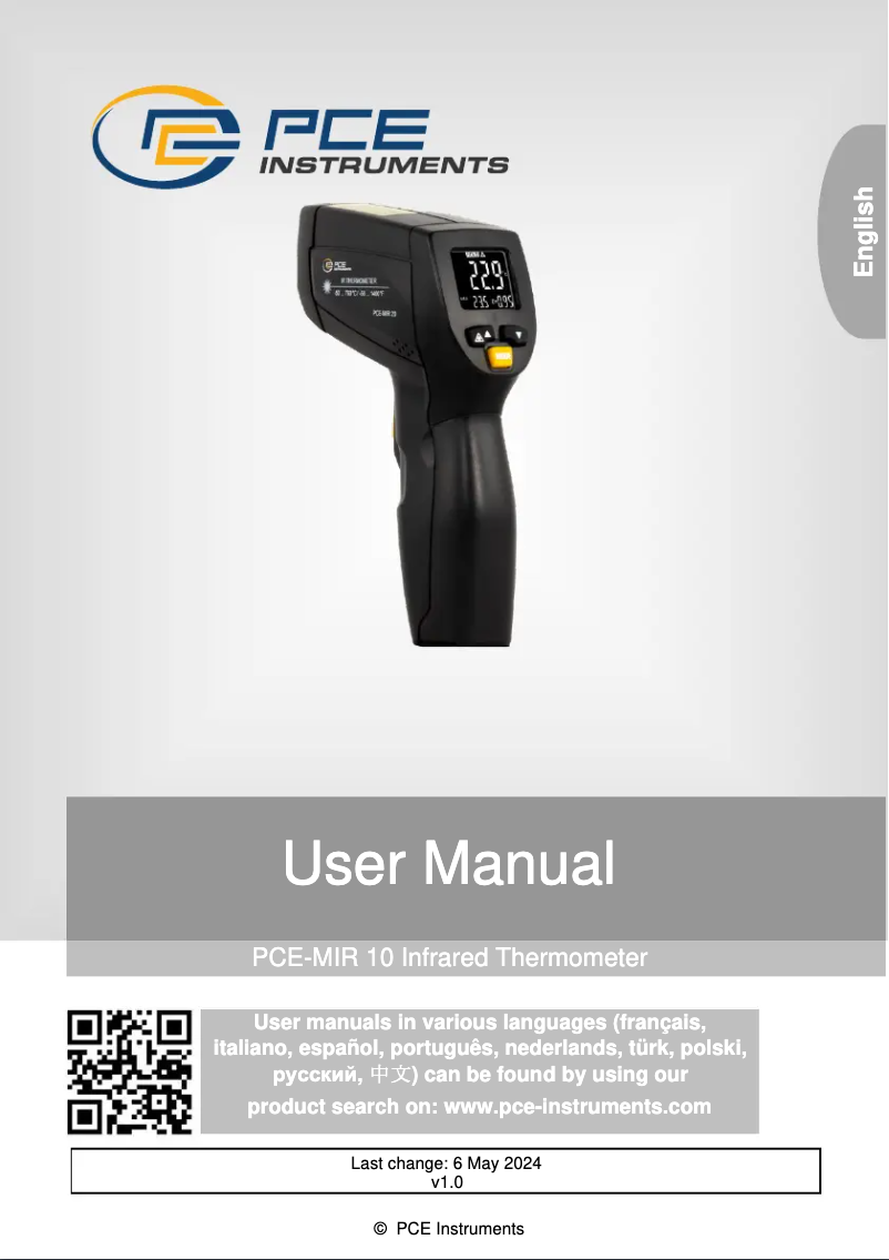 Page 1 de la notice Manuel utilisateur PCE Instruments PCE-MIR 10