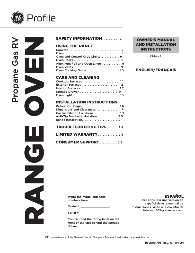 Page 1 of the manual Use and Maintenance Manual GE Profile PLS624ETSB