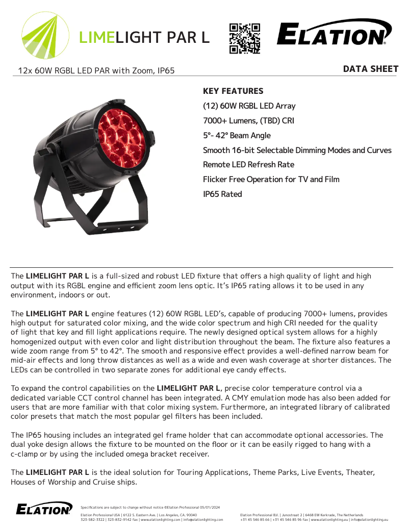 Page 1 de la notice Fiche technique Elation Limelight Par L