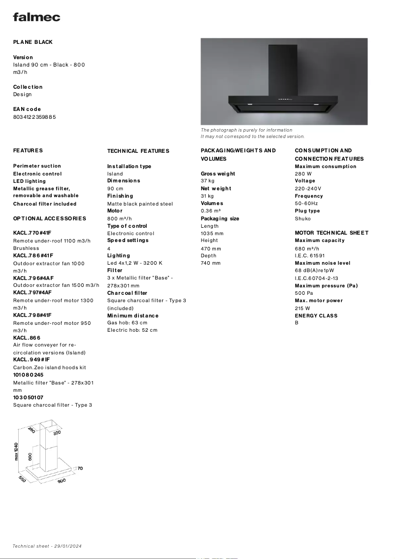 Página 1 del manual Ficha técnica Falmec Plane