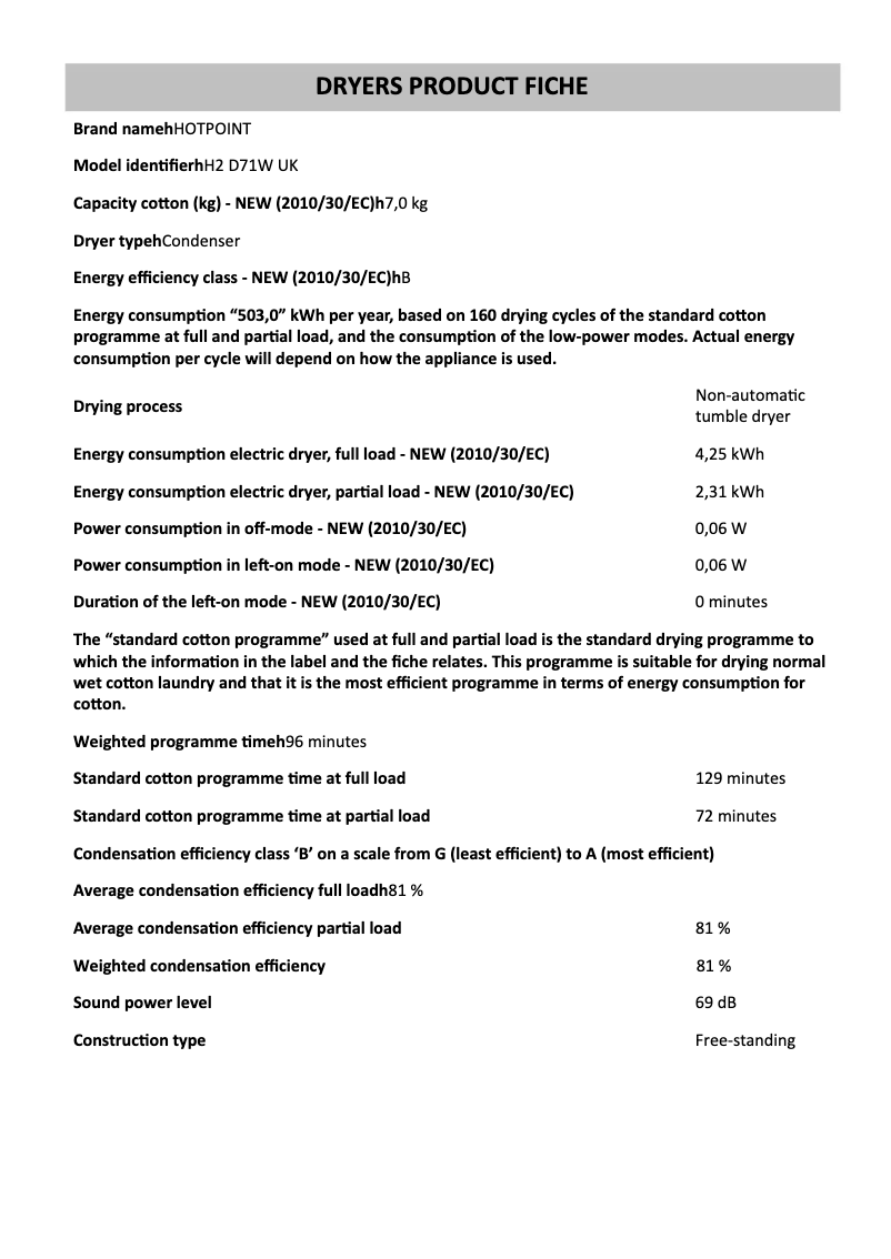 Página 1 del manual Ficha técnica Hotpoint H2 D71W UK