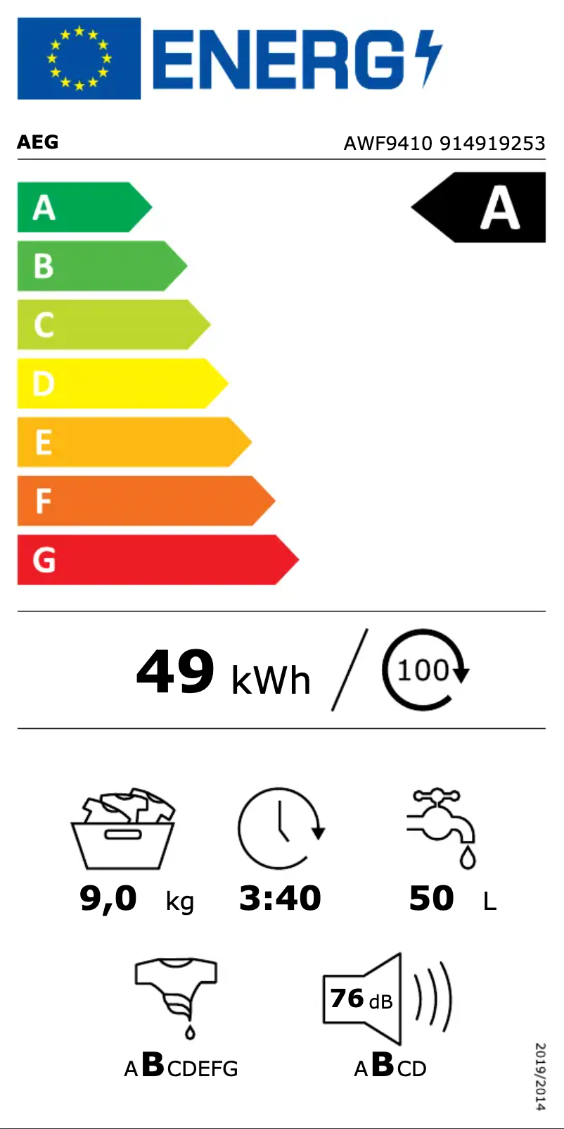 Page 1 de la notice Label énergétique AEG AWF9410