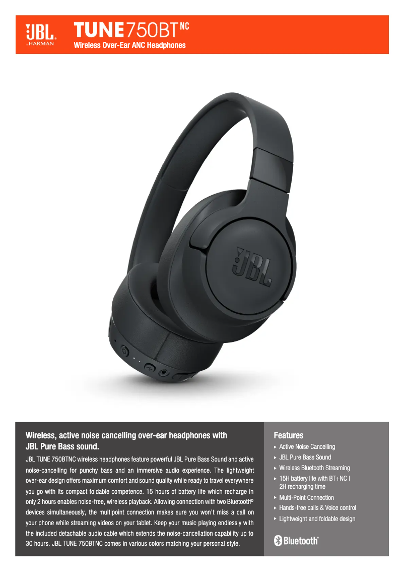 Page 1 de la notice Fiche technique JBL Tune 750BTNC