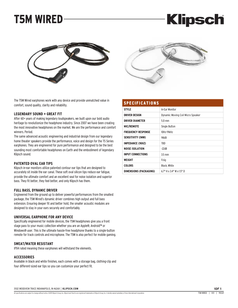 Page 1 de la notice Fiche technique Klipsch T5M