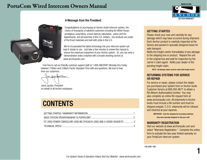 Page 1 of the manual User Manual Anchor Audio COM-60FC/C/1D5S