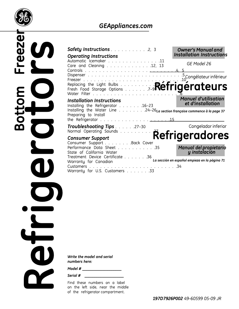 Page 1 de la notice Manuel d'utilisation et d'entretien GE GFSS6KIXSS