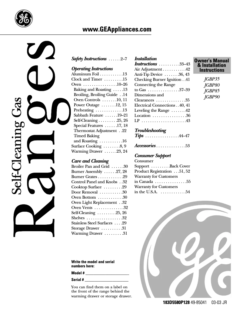 Página 1 del manual Guía de instalación GE Spectra JGBP35WEAWW