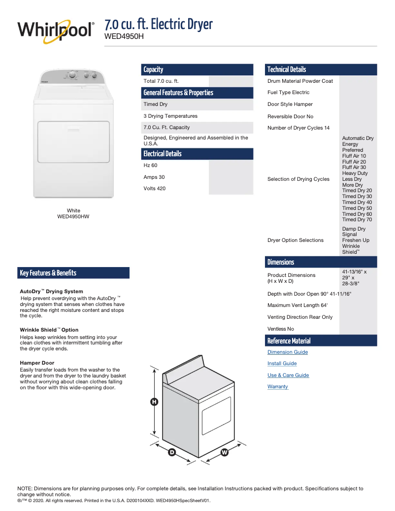 Página 1 del manual Ficha técnica Whirlpool WED4950HW