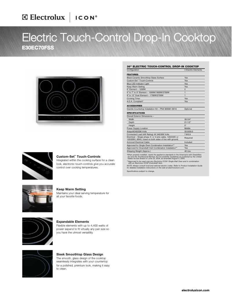 Page 1 de la notice Fiche technique Electrolux E30EC70FSS