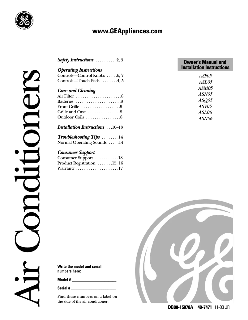 Page 1 de la notice Manuel utilisateur GE ASV05LC