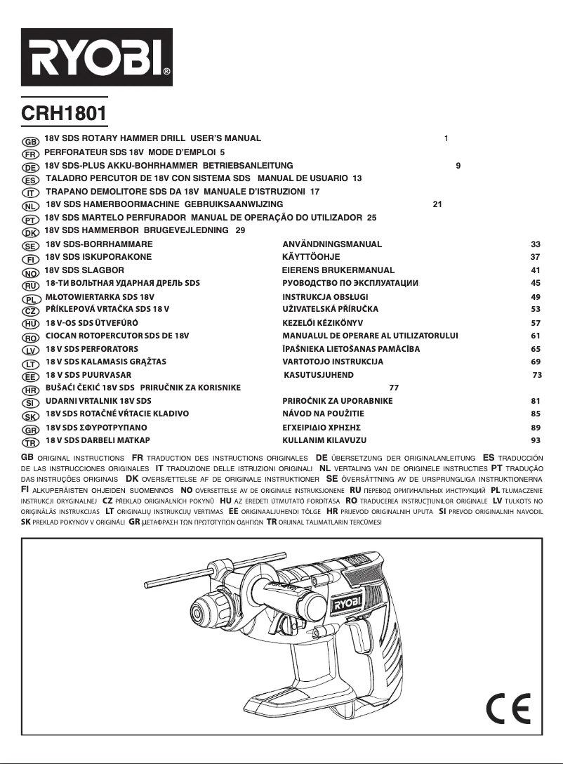 Page 1 de la notice Manuel utilisateur RYOBI CRH1801