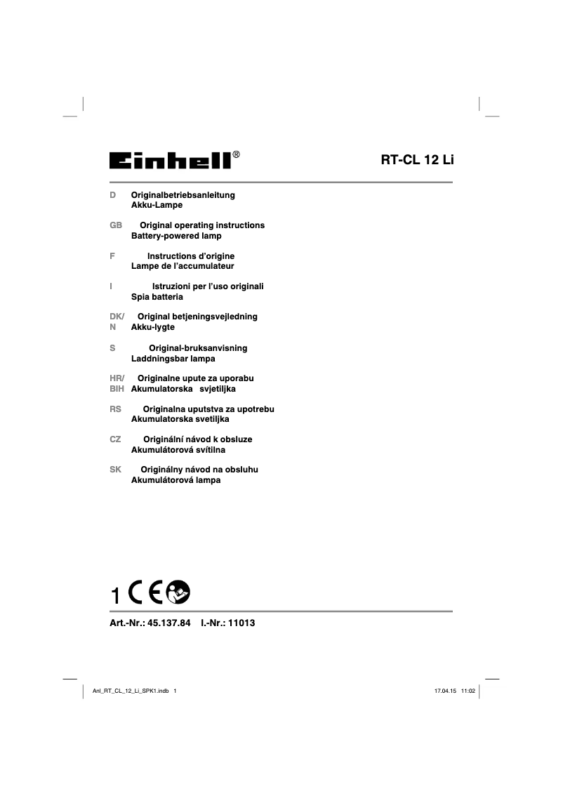 Page 1 de la notice Manuel utilisateur Einhell RT-CL 12 Li