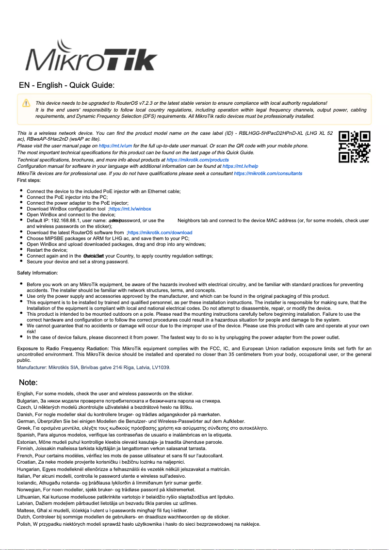 Page 1 de la notice Manuel utilisateur Mikrotik LHG XL 52 ac