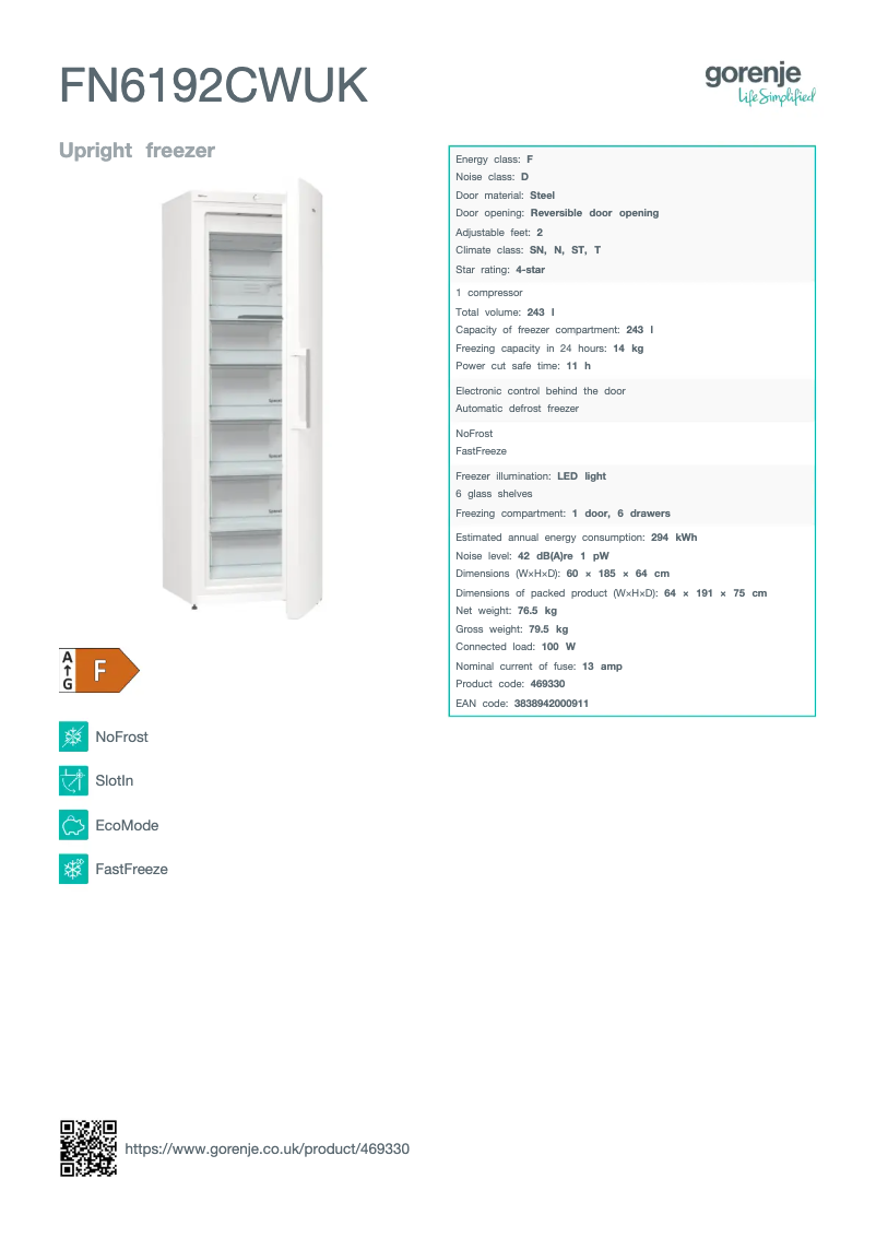 Página 1 del manual Ficha técnica Gorenje FN6192CWUK
