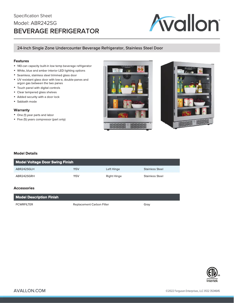 Page 1 de la notice Fiche technique Avallon ABR242BLSS