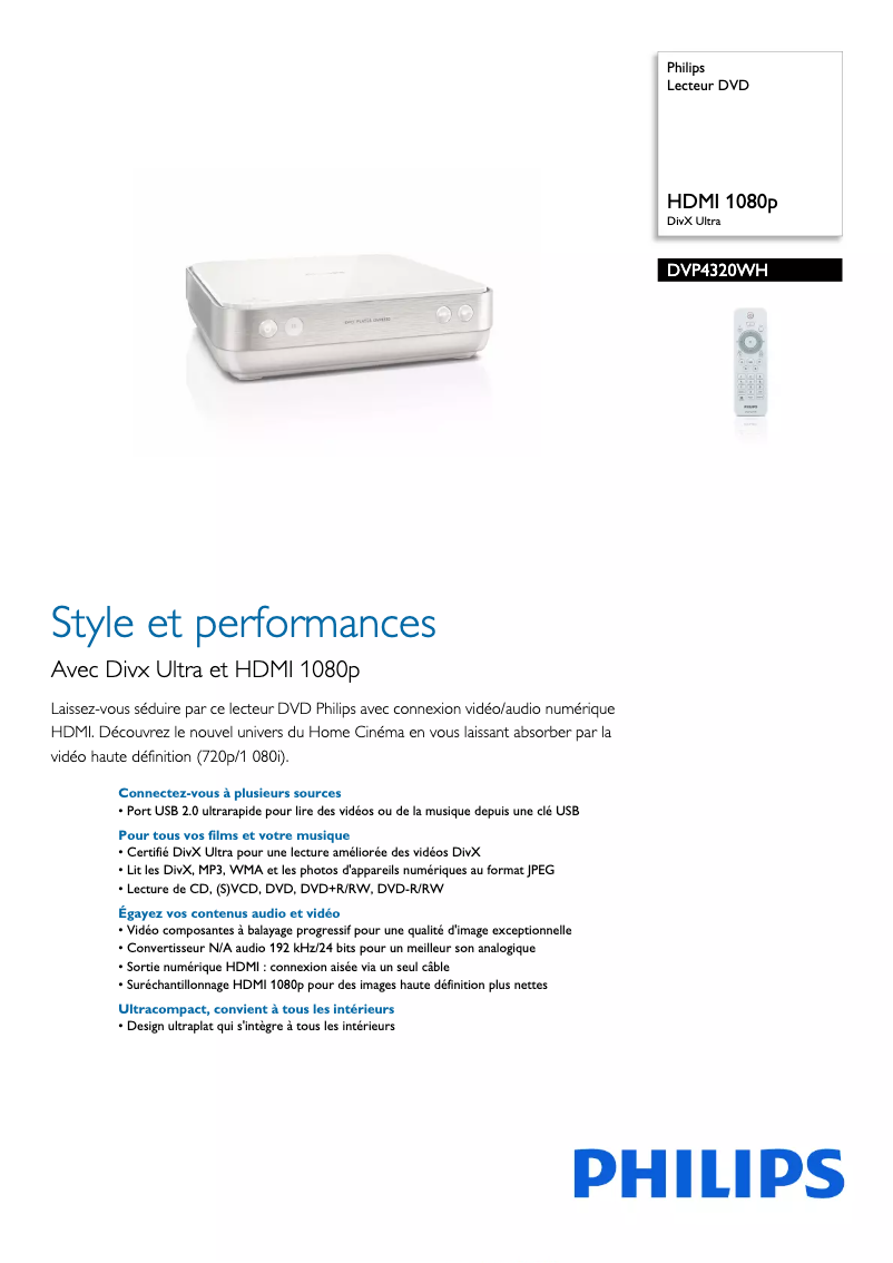 Página 1 del manual Ficha técnica Philips DVP4320WH