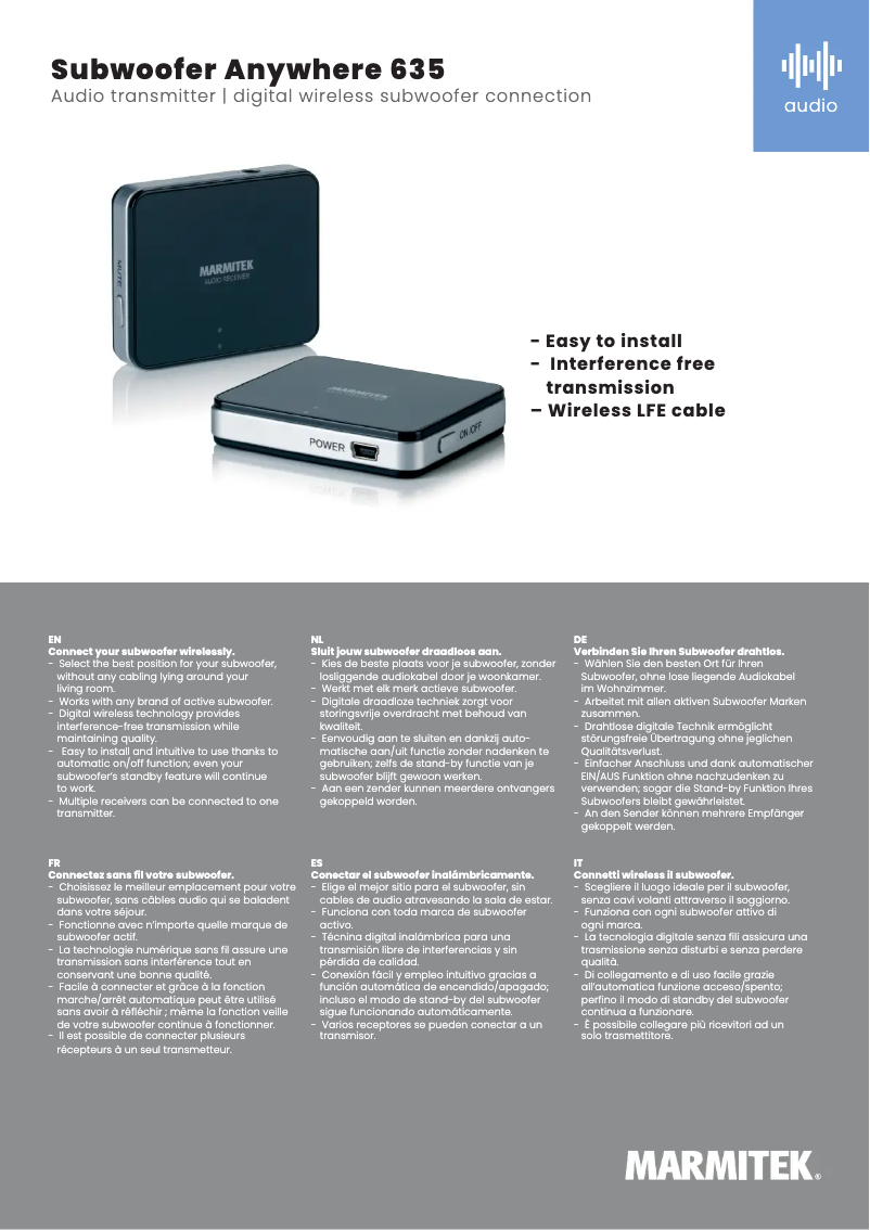 Page 1 de la notice Fiche technique Marmitek Subwoofer Anywhere 635