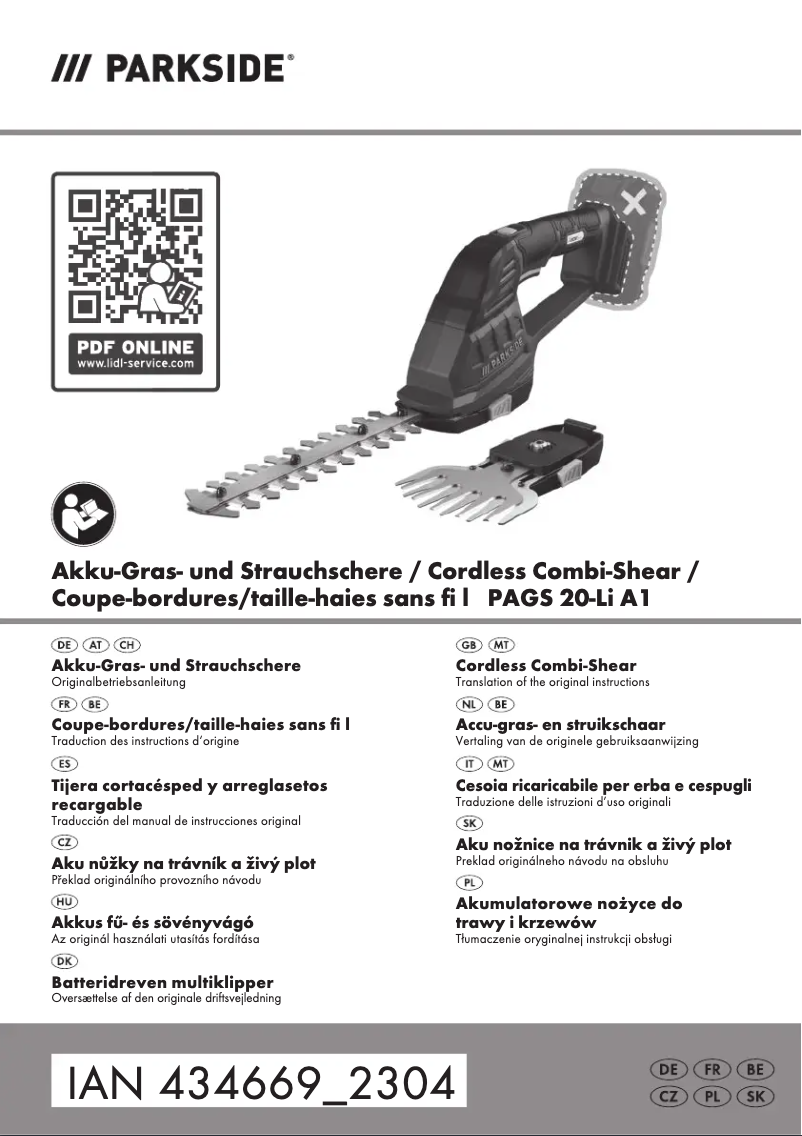 Page 1 de la notice Manuel utilisateur Parkside PAGS 20-Li A1