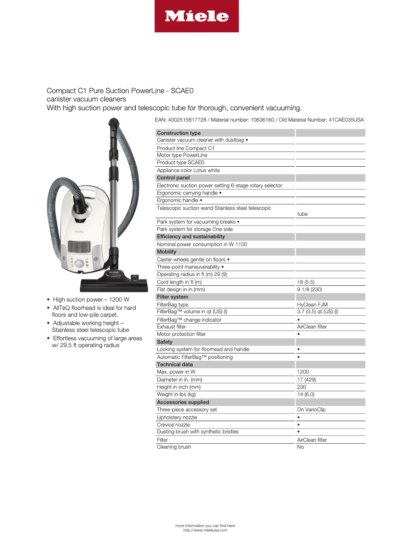 Página 1 del manual Ficha técnica Miele Compact C1 Pure Suction