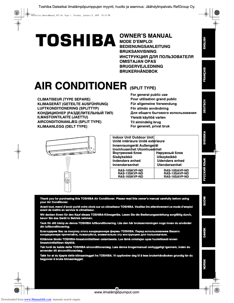 Page 1 de la notice Manuel utilisateur Toshiba RAS-10SAVP-ND