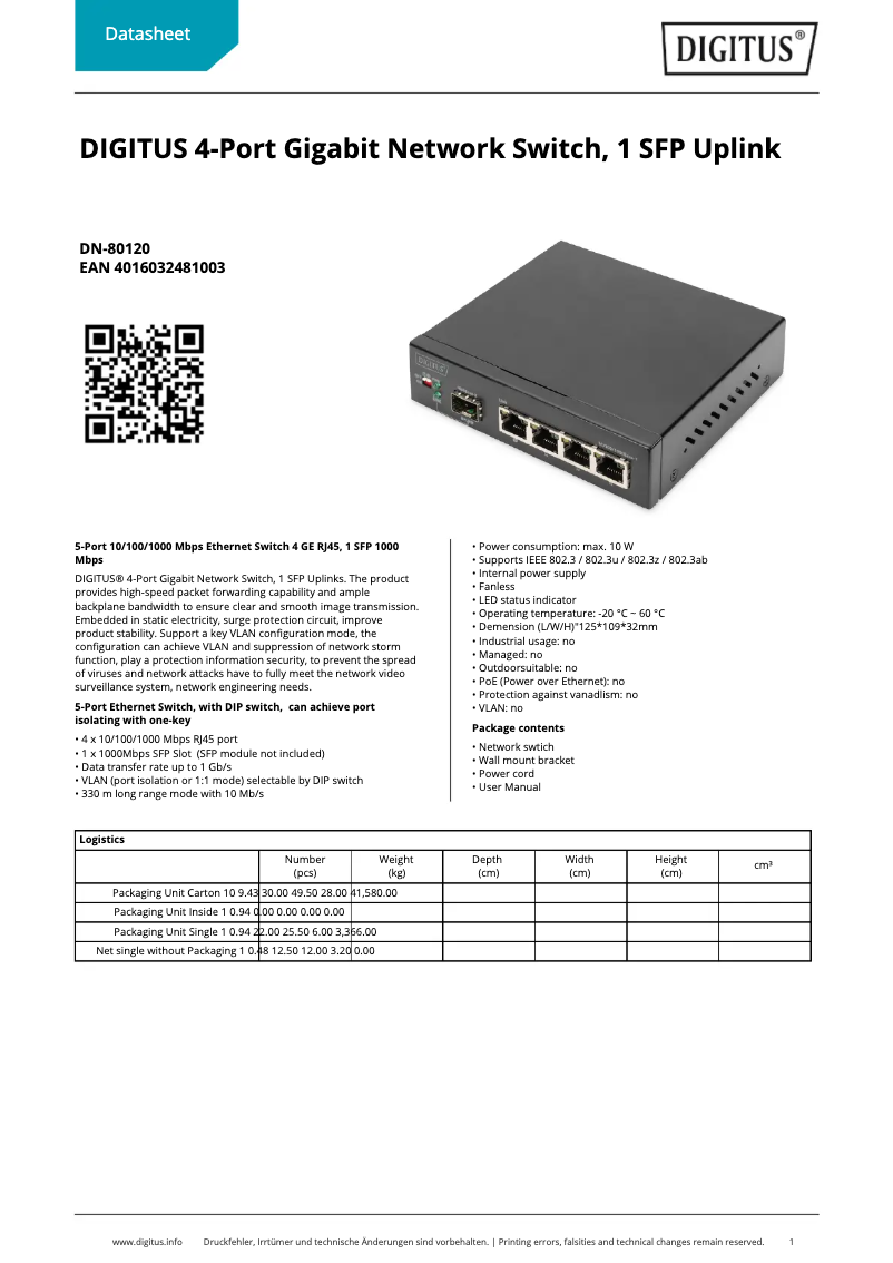 Page 1 de la notice Fiche technique Digitus DN-80120