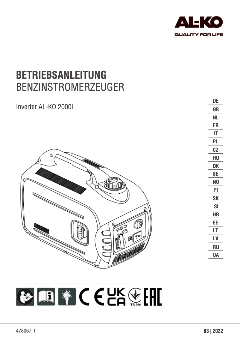 Page 1 of the manual User Manual AL-KO 2000i
