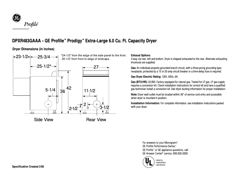 Página 1 del manual Ficha técnica GE Profile Prodigy DPXR483GAAA