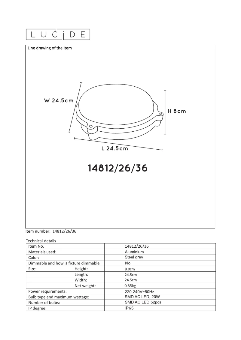 Page 1 de la notice Manuel utilisateur Lucide Hublot 14812/26/36