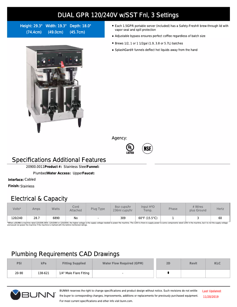 Page 1 de la notice Fiche technique Bunn Dual