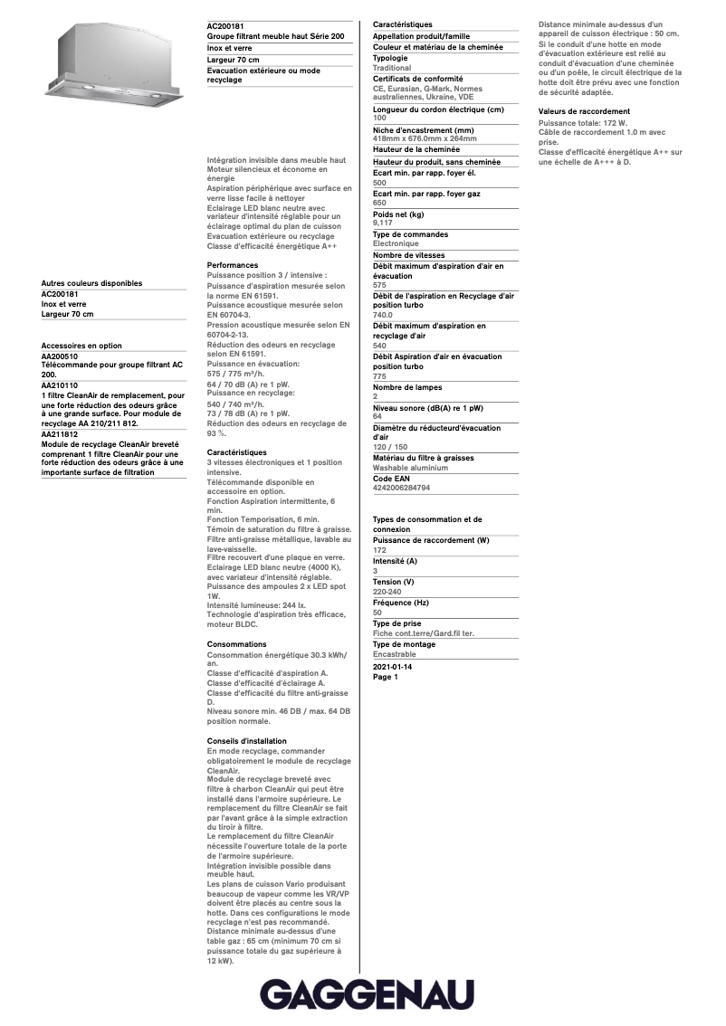 Página 1 del manual Ficha técnica Gaggenau AC200181