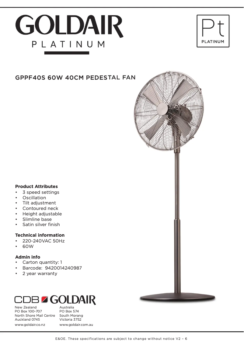 Page 1 de la notice Fiche technique GoldAir GPPF40S