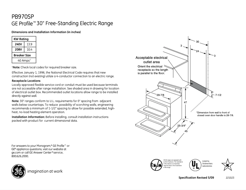 Página 1 del manual Ficha técnica GE Profile PB970SPSS