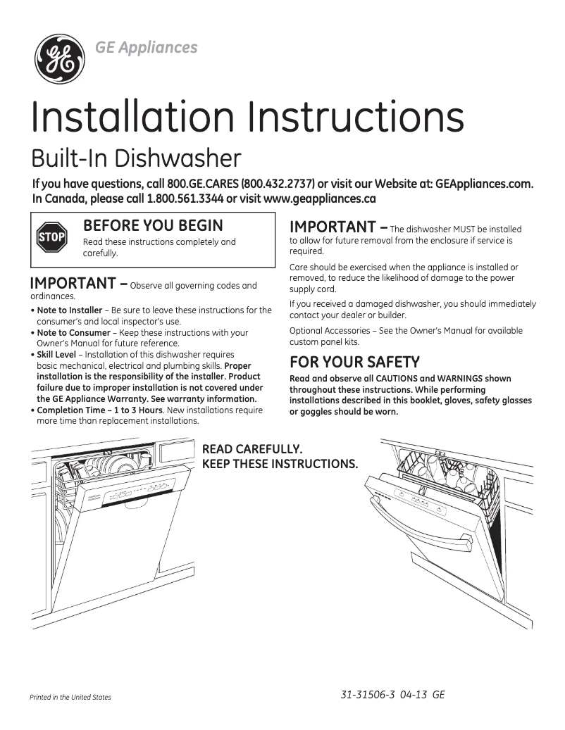 Page n°1 - Guide d'installation GE GDF520PSDSS