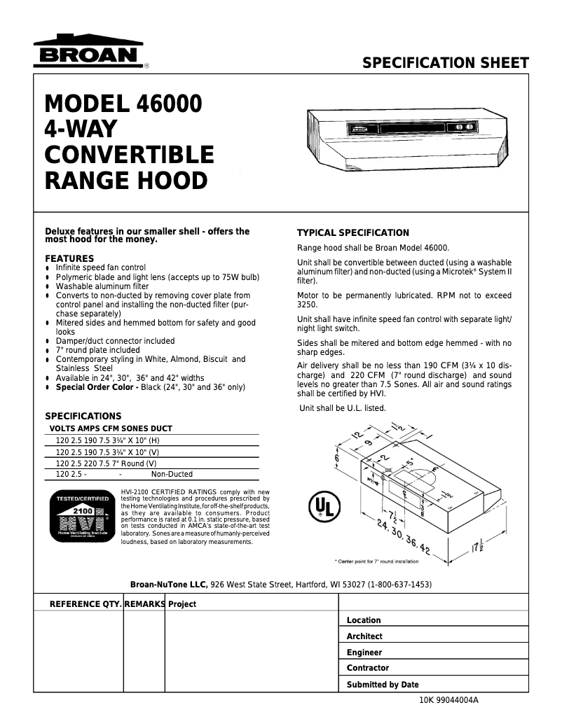 Página 1 del manual Ficha técnica Broan 464201