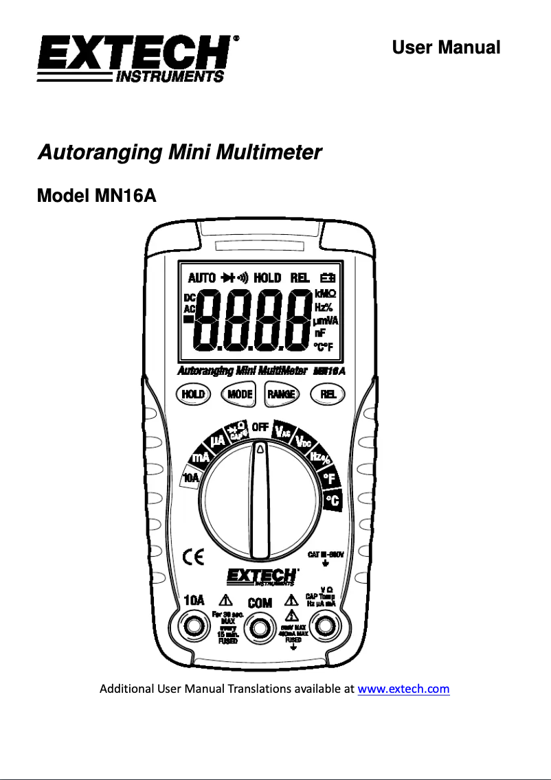 Page 1 de la notice Manuel utilisateur Extech MN16A