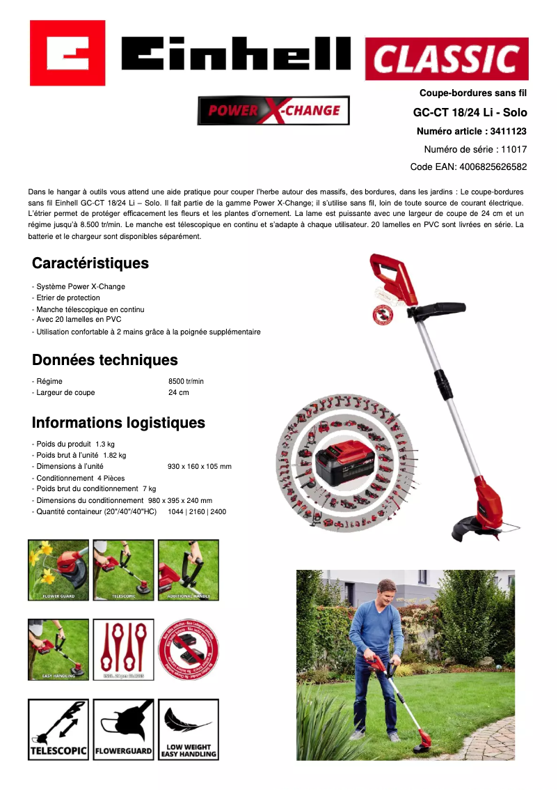 Page 1 de la notice Fiche technique Einhell GC-CT 18/24 Li-Solo