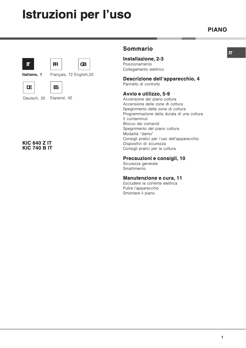 Page 1 de la notice Manuel utilisateur Hotpoint Ariston KIC 740 B IT