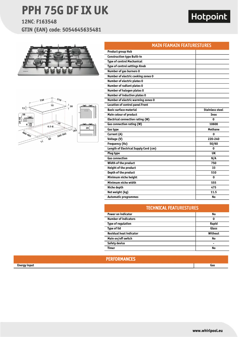 Página 1 del manual Ficha técnica Hotpoint PPH 75G DF IX UK