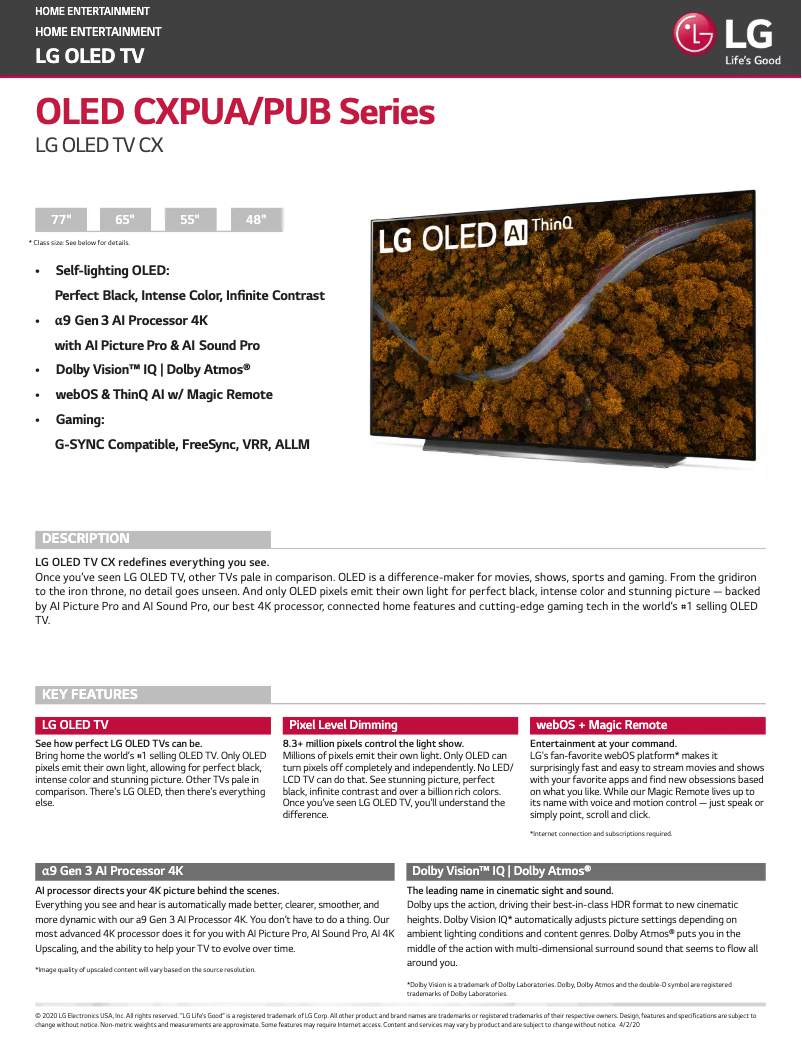Page 1 of the manual Technical Sheet LG OLED48CXPUB