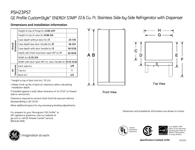 Page 1 de la notice Fiche technique GE PSH23PSTSS