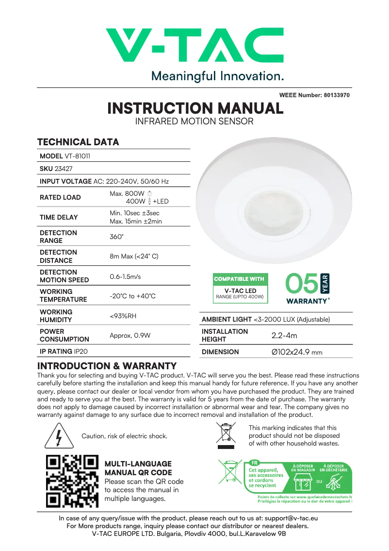 Page 1 de la notice Manuel utilisateur V-TAC VT-81011