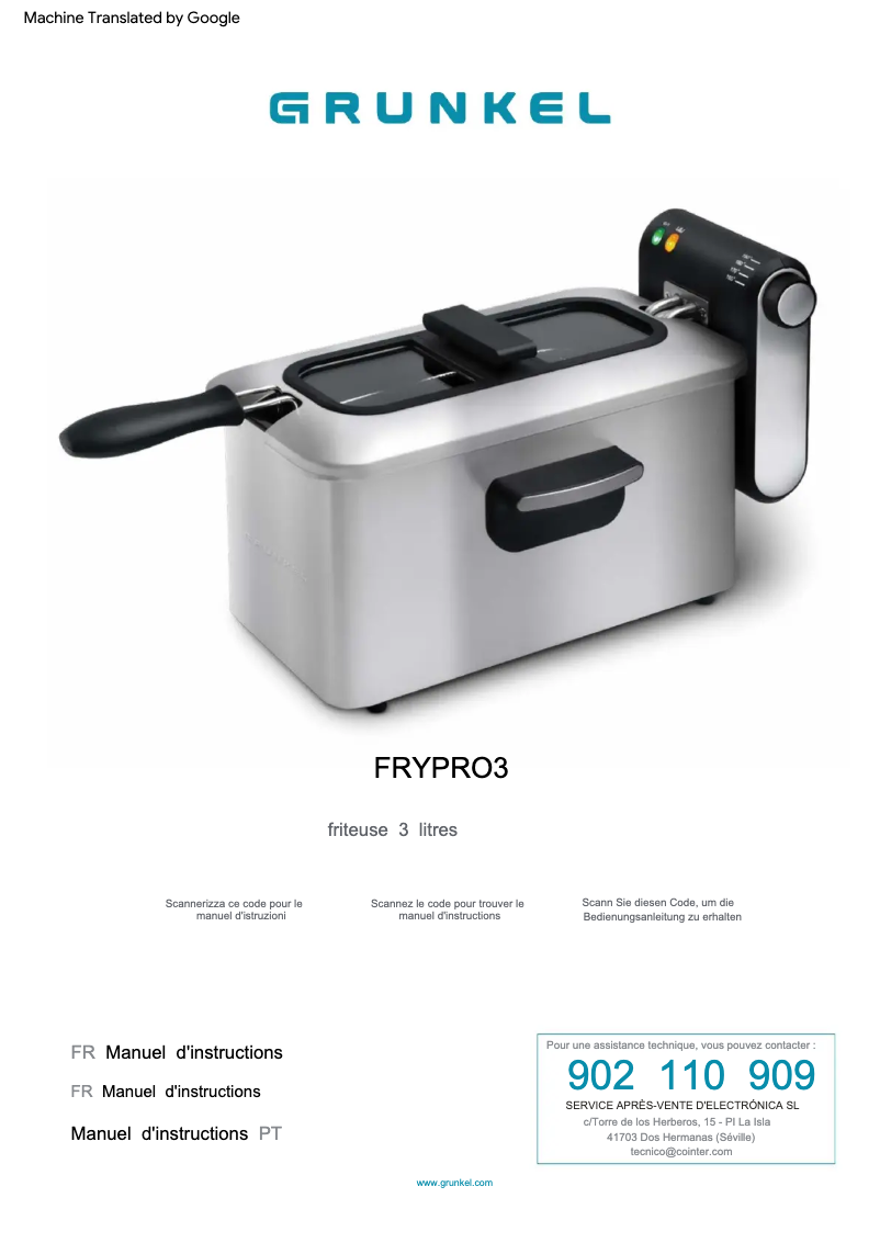 Page 1 de la notice Manuel utilisateur Grunkel FRYPRO3