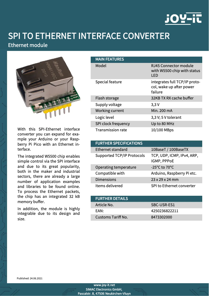 Page 1 de la notice Fiche technique Joy-It SBC-USR-ES1