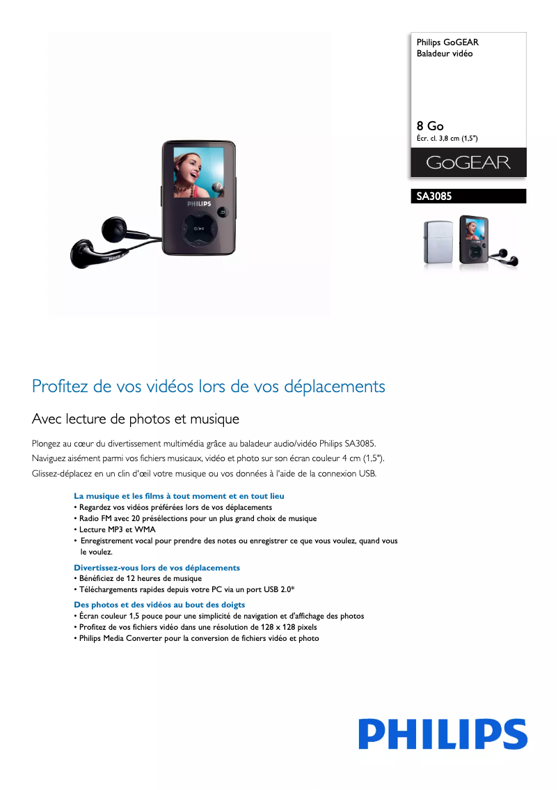 Page 1 of the manual Technical Sheet Philips GoGear SA3085