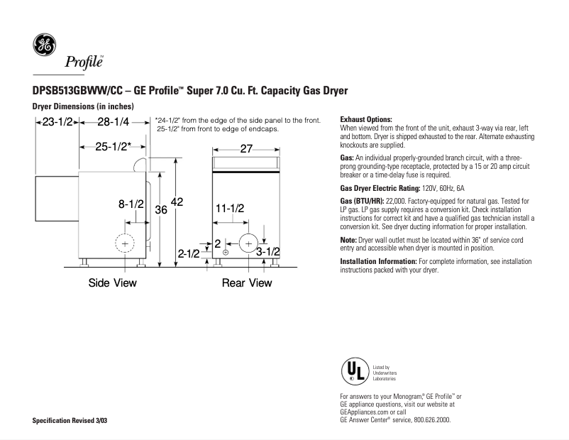 Página 1 del manual Ficha técnica GE Profile DPSB513GBCC
