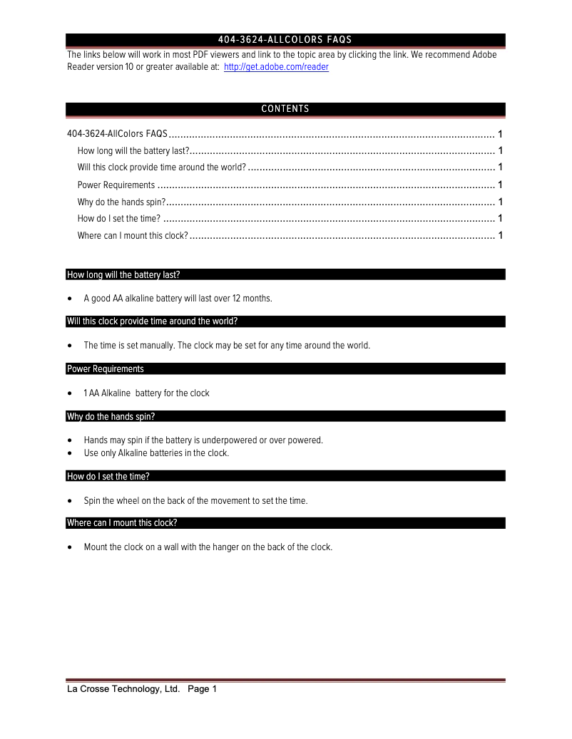 Page 1 de la notice FAQ La Crosse Technology 404-3624